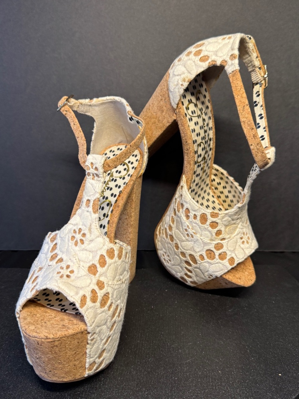Jessica Simpson Cork Platform Heels Lace Peep Toe T-Strap Sandals Size 6B